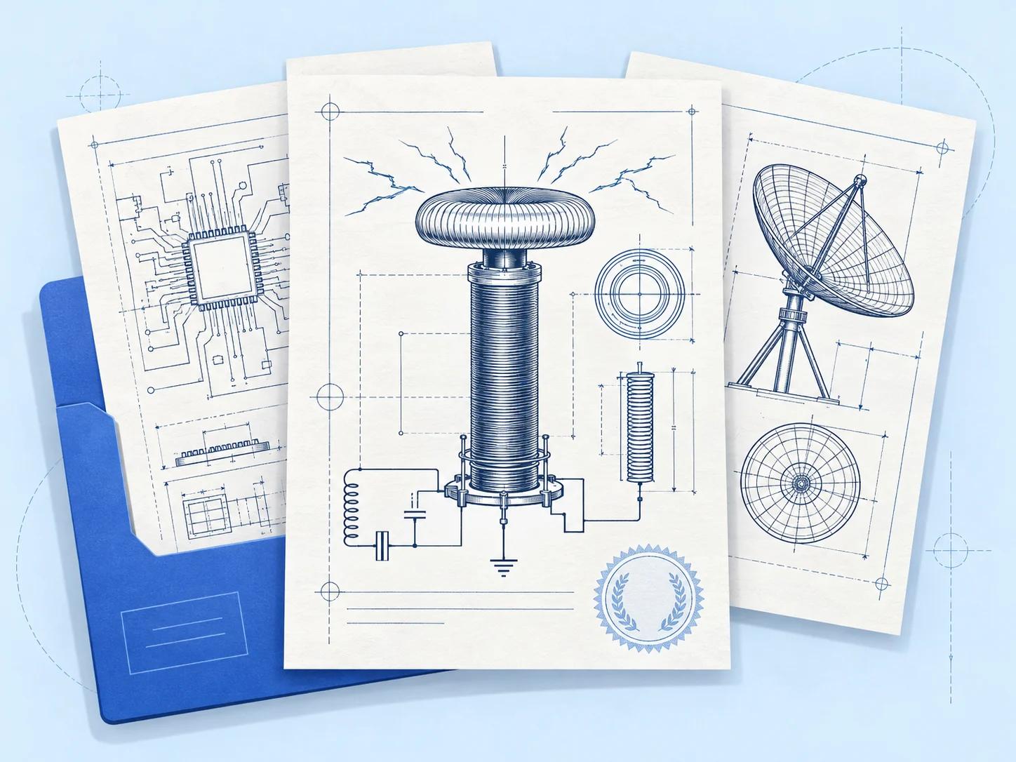 Illustrated patent-document pages with Tesla-coil, circuit and wireless antenna drawings