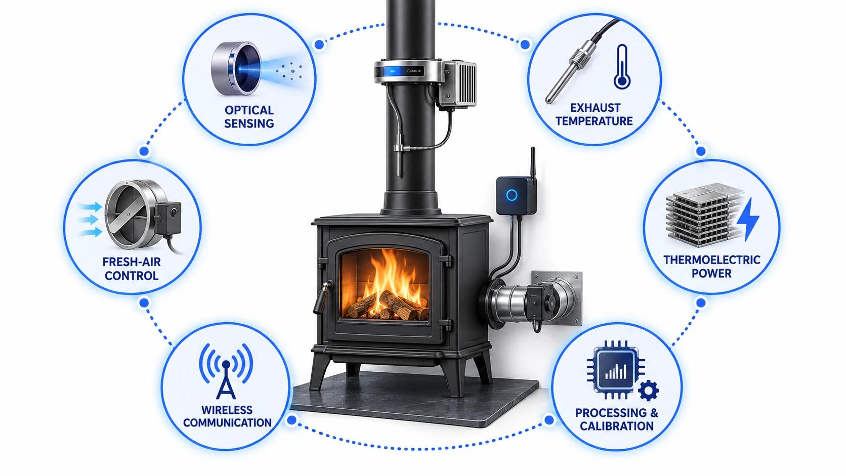 Six capabilities around a wood stove: optical sensing, exhaust temperature, thermoelectric power, processing and calibration, wireless communication, and fresh-air control