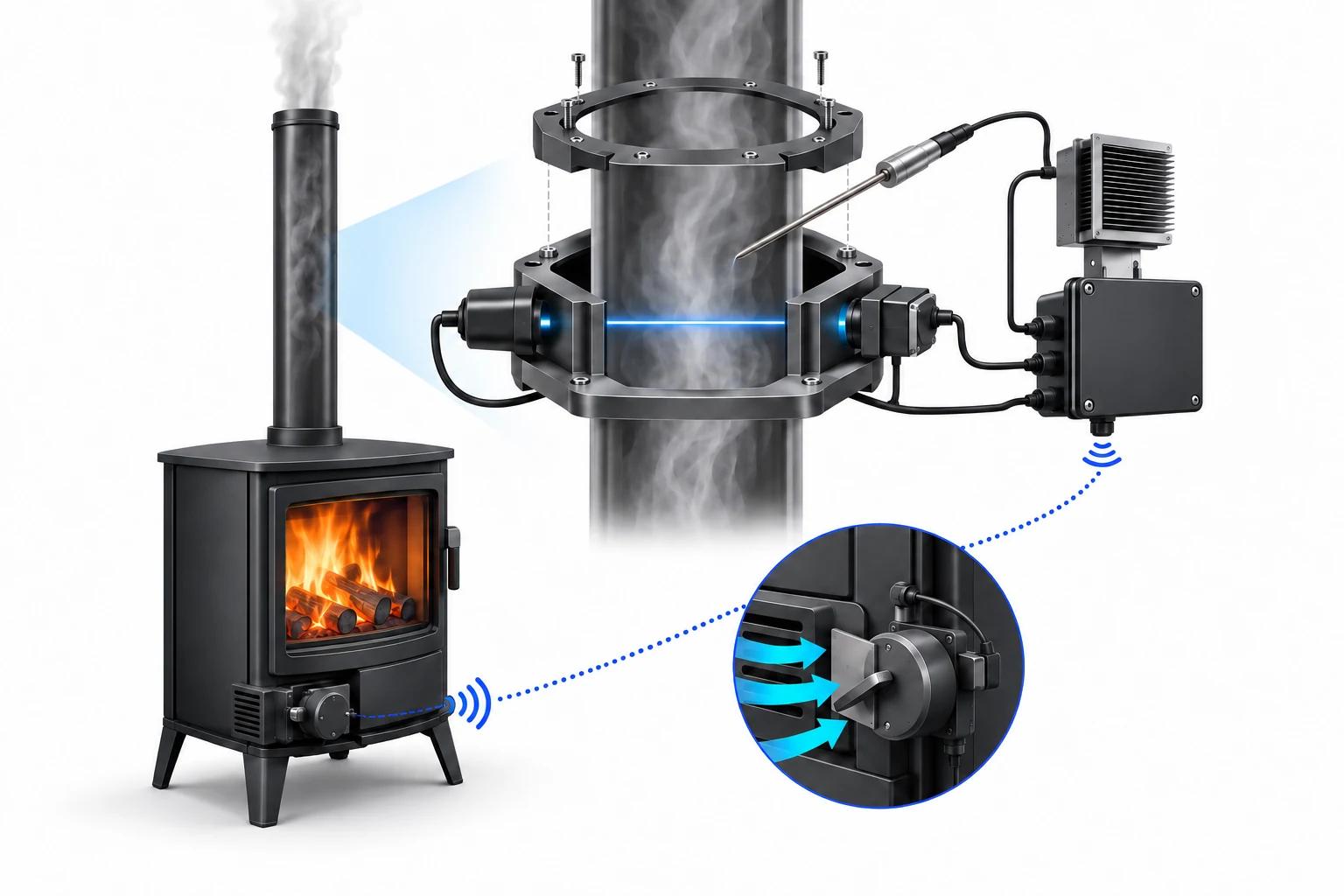 Illustrative wood-stove flue monitoring system with optical sensing, temperature probe and connected airflow control
