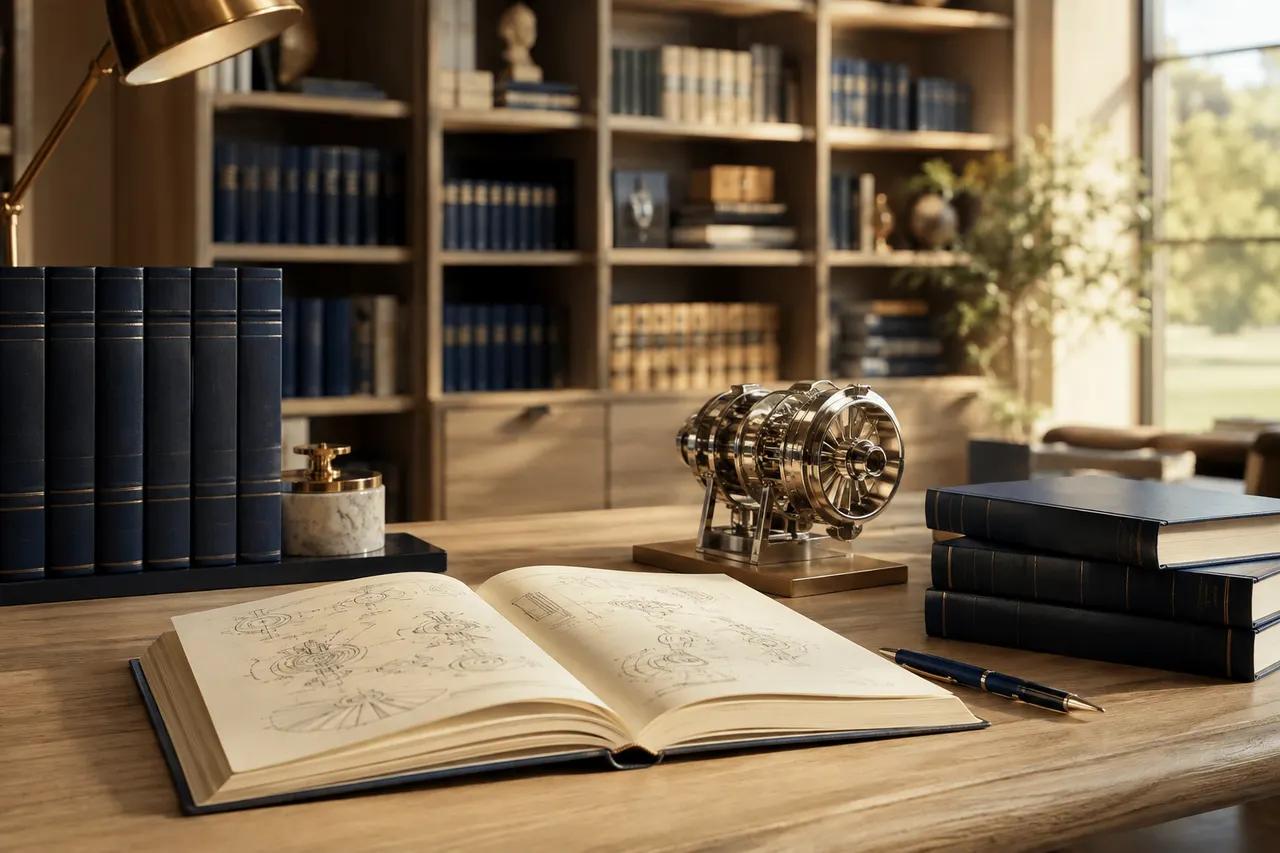 Illustrative study desk with legal books and patent sketches