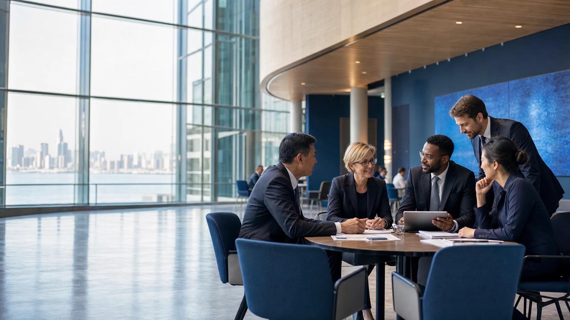Global intellectual-property professionals collaborating in a modern international venue