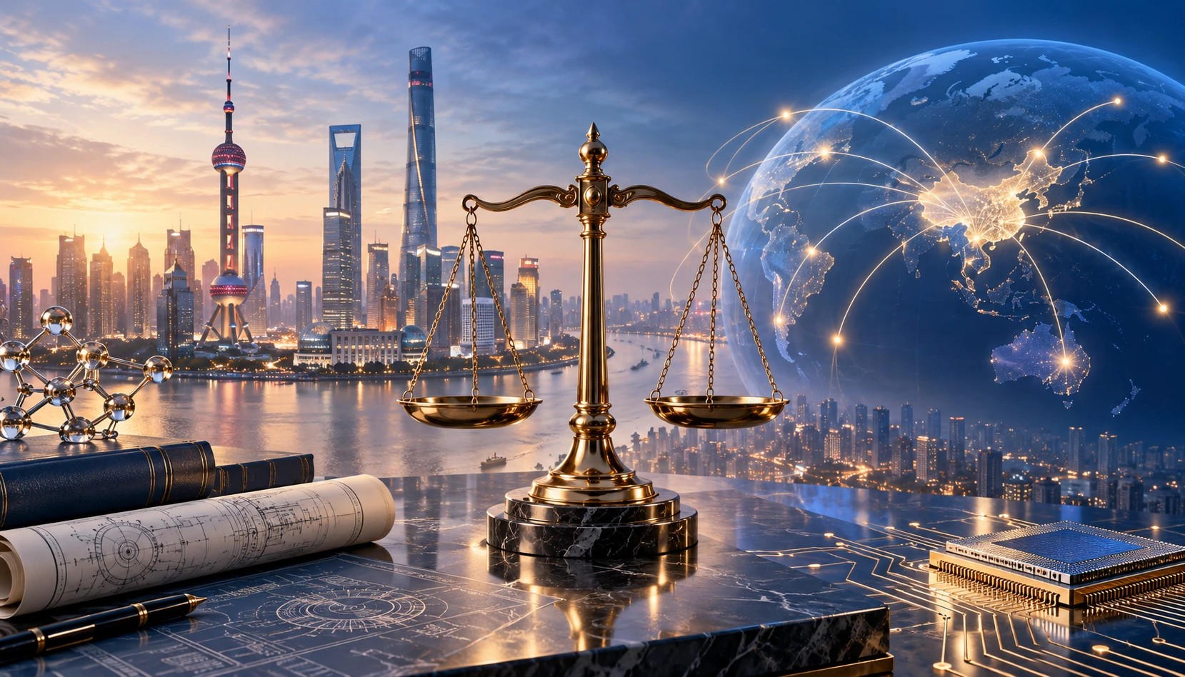 Shanghai skyline, scales of justice and global connections illustrate China's evolving intellectual property landscape and international innovation partnerships.